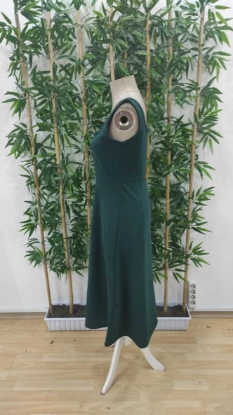 MDB Kadın Askılı Kare Yakalı Midi Ithal Krep Elbise - Resim 8