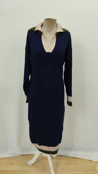 MDB Kadın Uzun Kollu Yakalı çok Renkli Triko Uzun Elbise - Resim 8