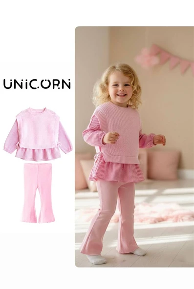 Pembe Fırfır Detaylı Kombin Takım – Örme & Gömlek Kumaş Üst + Boru Paça Alt - Resim 5