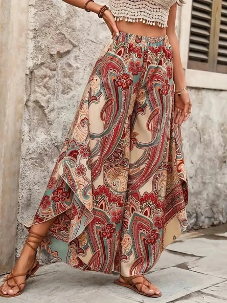 MDB Kadın Yüksek Bel Beli Lastikli Desenli Geniş Paçalı Süprem Pantolon - Resim 4