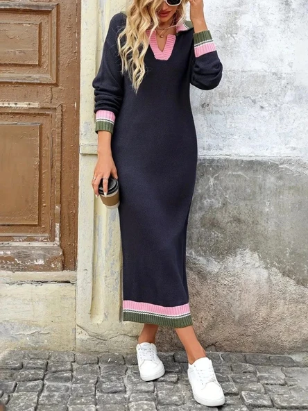 MDB Kadın Uzun Kollu Yakalı çok Renkli Triko Uzun Elbise - Resim 3