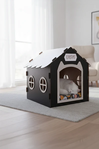 Ahşap Özel İsim Baskılı Dekoratif Kedi Evi-Kulübesi, Kediler İçin Kulübe, Kedi Kulübesi Siyah ürün görseli 1