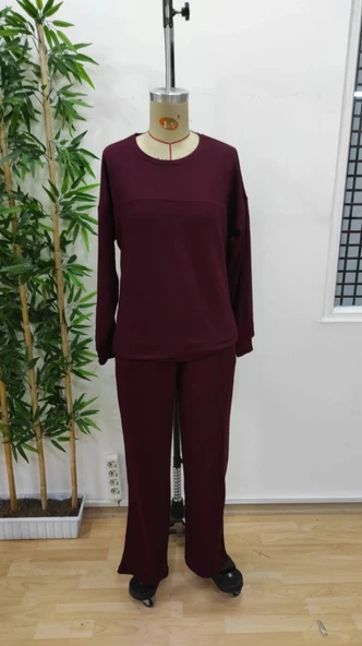 MDB Kadın Uzun Kollu Bisiklet Yaka Viskon Iki Iplik Bluz Ve Pantolon Ikili Takım - Resim 6