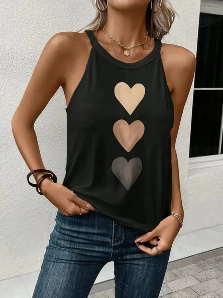 MDB Kadın Omuzlardan Açık Boyundan Askılı Kalp Baskılı Viskon Bluz - Resim 2