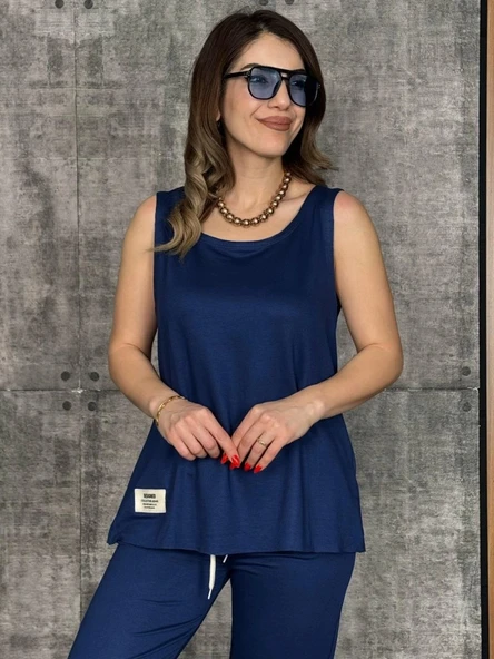 MDB Kadın Askılı Yuvarlak Yaka Viskon Iki Iplik Bluz Ve Eşofman Altı Ikili Takım - Resim 2