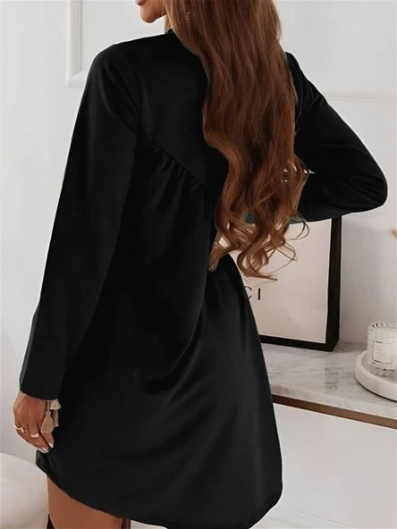 MDB Kadın Uzun Kollu Bisiklet Yaka çapraz Büzgü Detay Iki Iplik Mini Boy Elbise - Resim 3