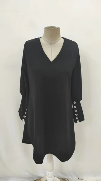 MDB Kadın Uzun Kollu V Yakalı Kısa Ithal Krep Elbise - Resim 4