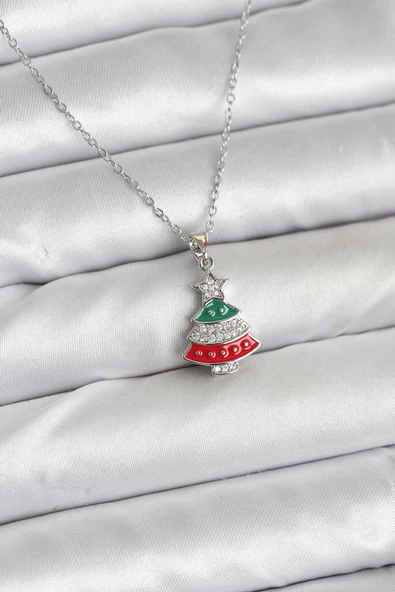 316L Çelik Zincir Gümüş Ren Çam Ağacı Model Zirkon Taşlı Yılbaşı Temalı Kadın Kolye - TJ-BKO10711 ürün görseli