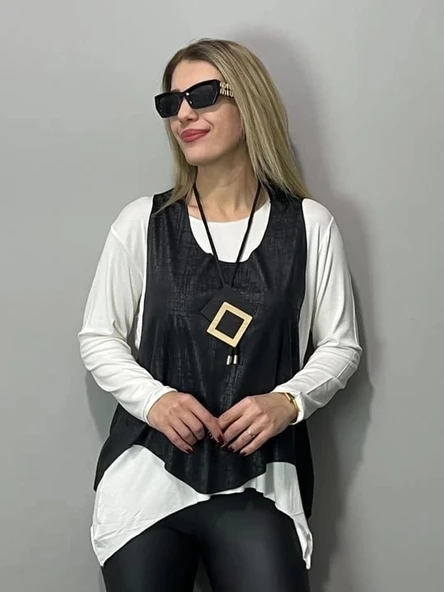 MDB Kadın Siyah Deri Yelekli Kolye Dahil üçlü Takım - Resim 2