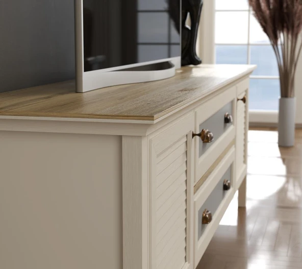 Valena Tv Ünitesi - Konsol 2 Kapaklı 2 Çekmeceli Panjur Kapaklı MDF Profil Ayaklı 180 Cm Minifixli - Resim 4