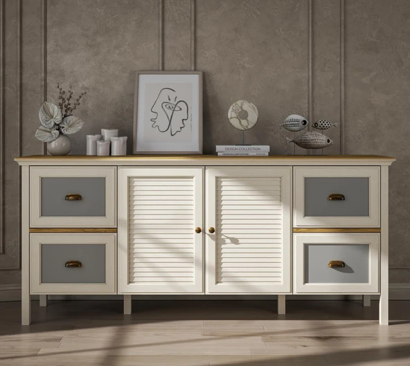 Valena Konsol Çok Amaçlı Dolap 2 Kapaklı 4 Çekmeceli Panjur Kapaklı MDF Profil Ayaklı 185 Cm Minifixli - Resim 2