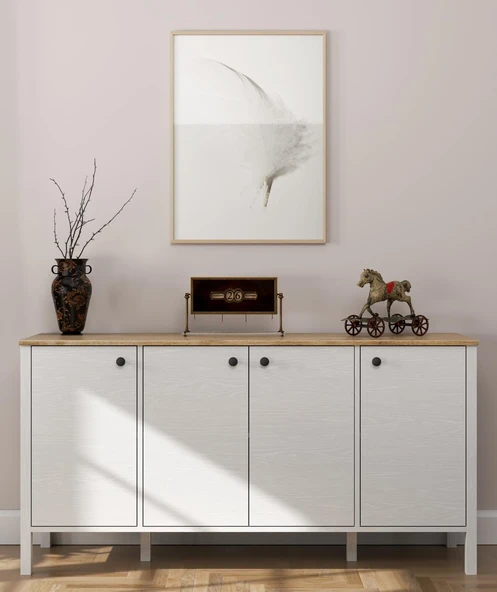 Lumera İskandinav Konsol 4 Kapaklı 6 Bölmeli MDF Profil Ayaklı 180 Cm Konsol - Wood Beyaz - Resim 2