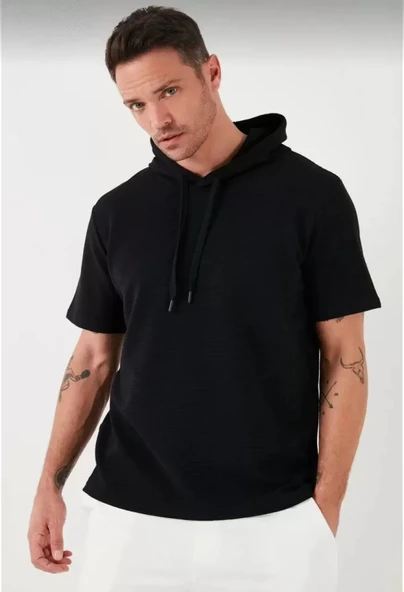 MDB Unisex Kapşonlu Kısa Kol Düz Oversize Tshirt  iyah - Resim 4