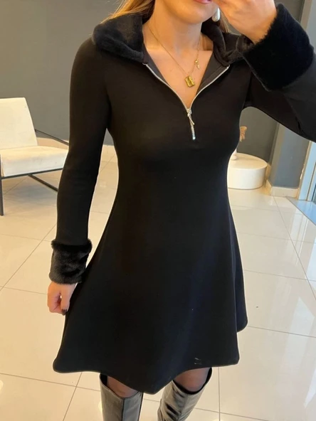 MDB Kadın Uzun Kollu Kürk Yakalı Fermuarlı Kısa Viskon Iki Iplik Elbise - Resim 2