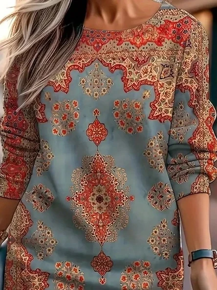 MDB Kadın Uzun Kollu Yuvarlak Yaka Desenli Mini Modal Elbise - Resim 2