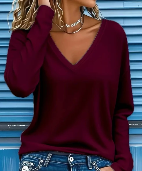 MDB Kadın Uzun Kollu V Yakalı Viskon Iki Iplik Mürdüm Renk Bluz ürün görseli 1