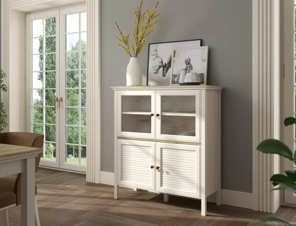 Valena Konsol - Vitrin - Büfe 2 Nervür Cam Kapak 2 Panjur Kapaklı  Panjur Kapaklı MDF Profil Ayaklı 110 Cm Minifixli Çok Amaçlı ürün görseli