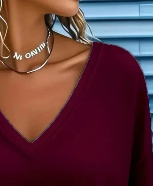 MDB Kadın Uzun Kollu V Yakalı Viskon Iki Iplik Mürdüm Renk Bluz - Resim 2