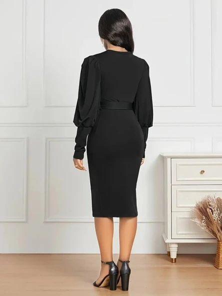 MDB Kadın Uzun Kollu Bisiklet Yaka Beli Kuşaklı Ithal Krep Midi Elbise - Resim 3
