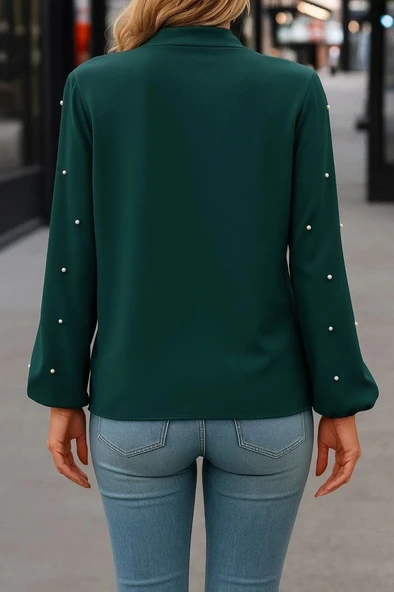 MDB Kadın Uzun Kollu Yakadan Fiyonklu Incili Ithal Krep Bluz - Resim 5