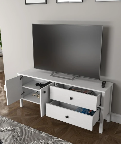 Lumera Modern Tv Ünitesi  2 Kapaklı 2 Çekmeceli Dolaplı MDF Profil Ayaklı 140 Cm  Minifixli - Resim 3