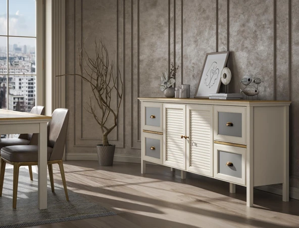 Valena Konsol Çok Amaçlı Dolap 2 Kapaklı 4 Çekmeceli Panjur Kapaklı MDF Profil Ayaklı 185 Cm Minifixli ürün görseli 1