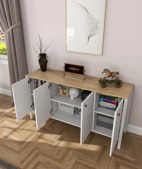 Lumera İskandinav Konsol 4 Kapaklı 6 Bölmeli MDF Profil Ayaklı 180 Cm Konsol - Wood Beyaz - Resim 3