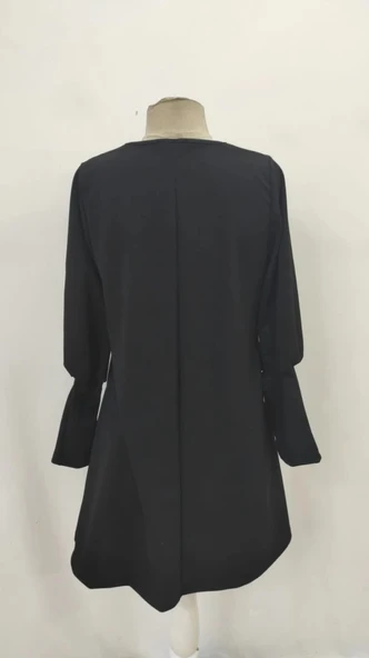 MDB Kadın Uzun Kollu V Yakalı Kısa Ithal Krep Elbise - Resim 6