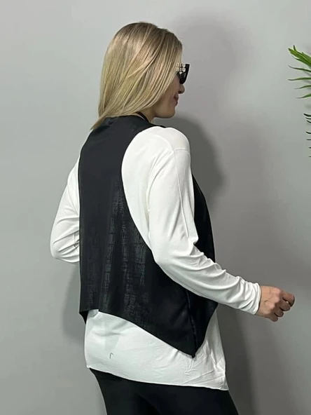 MDB Kadın Siyah Deri Yelekli Kolye Dahil üçlü Takım - Resim 4