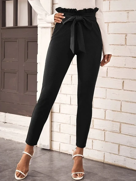 MDB Kadın Yüksek Bel Beli Fırfırlı önden Bağlamalı Ithal Krep Pantolon ürün görseli 1