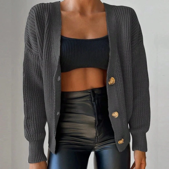 MDB Kadın Uzun Kollu Düğme Detay Triko Bluz - Resim 3