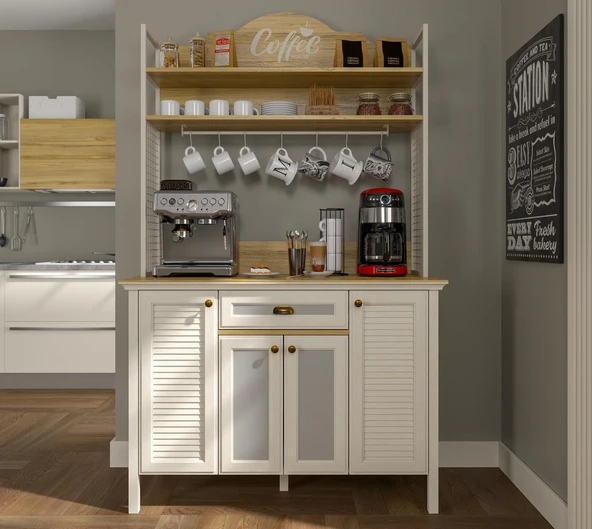 Valena Kahve Köşesi Erzak Dolabı Çok Amaçlı Dolap Airfry Dolabı 4 Kapaklı 1 Çekmeceli Bardak Askılıklı 120 Cm Minifixli - Resim 2