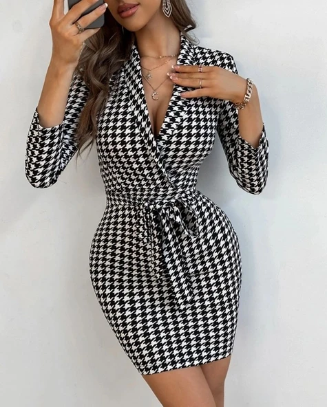 MDB Kadın Uzun Kollu Kruvaze Yaka Bağlamalı Kemer Dalgıç Mini Boy Elbise - Resim 3