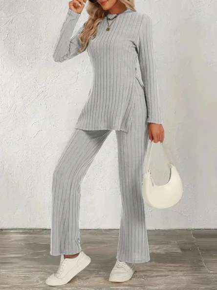 MDB Kadın Uzun Kollu Bisiklet Yaka Yandan Yırtmaçlı şardonlu Kaşkorse Bluz Ve Pantolon Ikili Takım - Resim 4