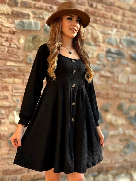 MDB Kadın Uzun Kollu Kare Yaka Düğmeli Kısa şardonlu Iki Iplik Mini Elbise - Resim 4