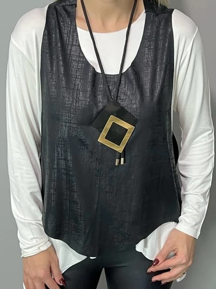 MDB Kadın Siyah Deri Yelekli Kolye Dahil üçlü Takım - Resim 5