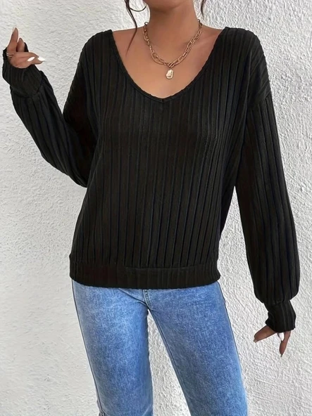 MDB Kadın Uzun Kollu V Yakalı Pencere Sırt Dantel Detaylı Kalın Fitilli Kaşkorse Bluz - Resim 6