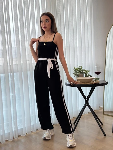 MDB Kadın Ip Askılı Straplez Belden Kuşaklı Viskon Iki Iplik Tulum - Resim 4