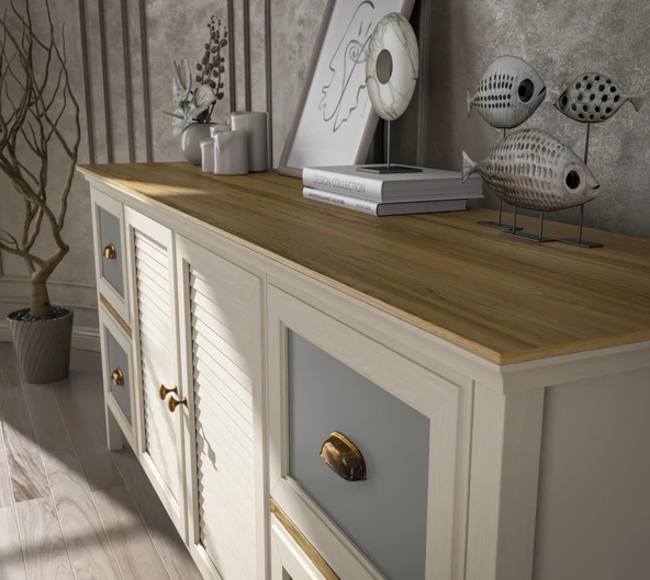 Valena Konsol Çok Amaçlı Dolap 2 Kapaklı 4 Çekmeceli Panjur Kapaklı MDF Profil Ayaklı 185 Cm Minifixli - Resim 4