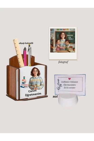 Tarsia Muse Modern ADF Minimal Ahşap Kalemlik + standlı foto ve mini Not hediyelik ofis Seti ürün görseli 1