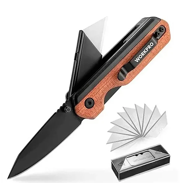 WORKPRO WP211015 2-IN-1 Ahşap Saplı Profesyonel Cep Çakısı & Katlanır Rötuş Maket Bıçağı + 11 Adet Yedek Bıçak - Resim 3