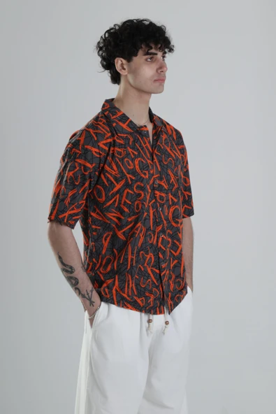 Turuncu Grafiti Desenli Gömlek COC1818 - Resim 4