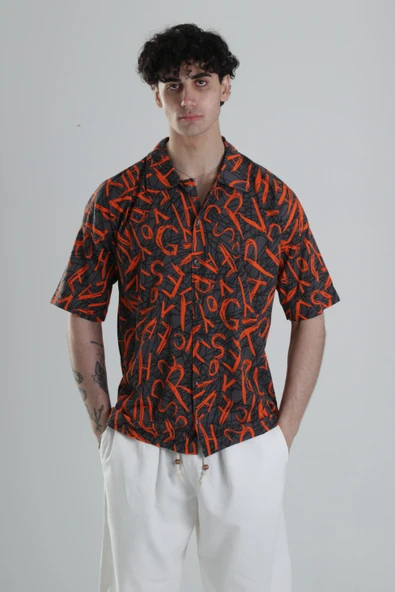 Turuncu Grafiti Desenli Gömlek COC1818 - Resim 2
