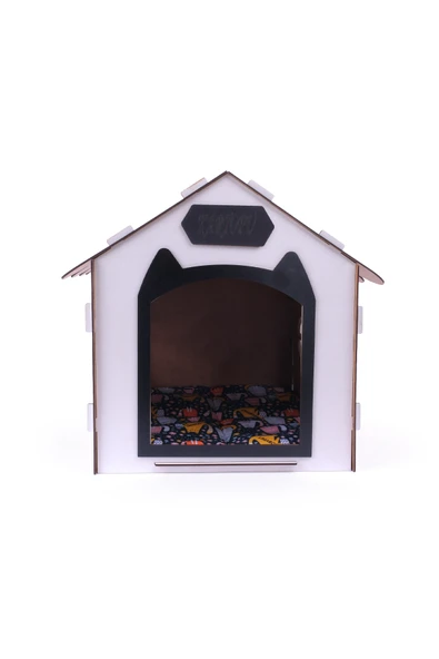 Ahşap Özel İsim Baskılı Dekoratif Kedi Evi-Kulübesi, Kediler İçin Kulübe, Kedi Kulübesi Beyaz-Siyah - Resim 4