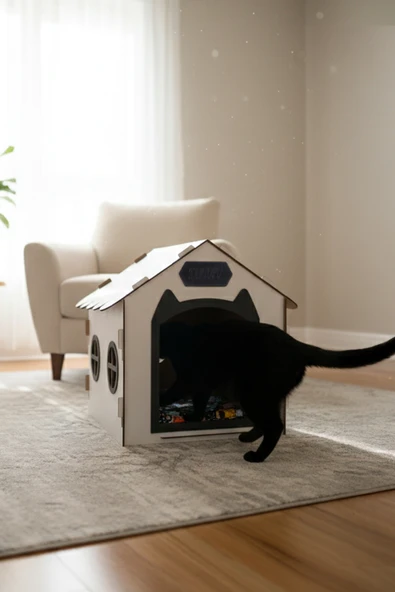 Ahşap Özel İsim Baskılı Dekoratif Kedi Evi-Kulübesi, Kediler İçin Kulübe, Kedi Kulübesi Beyaz-Siyah ürün görseli