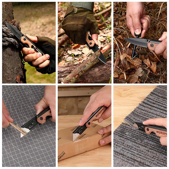 WORKPRO WP211015 2-IN-1 Ahşap Saplı Profesyonel Cep Çakısı & Katlanır Rötuş Maket Bıçağı + 11 Adet Yedek Bıçak - Resim 4