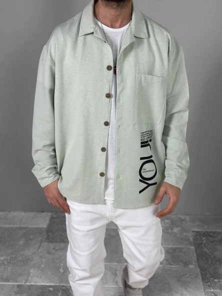 Su Yeşili Desenli Keten Gömlek COC1802 ürün görseli