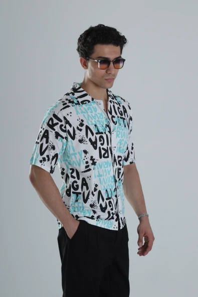 Erkek Grafiti Desenli Turkuaz Hawai Gömlek COC1151 - Resim 3