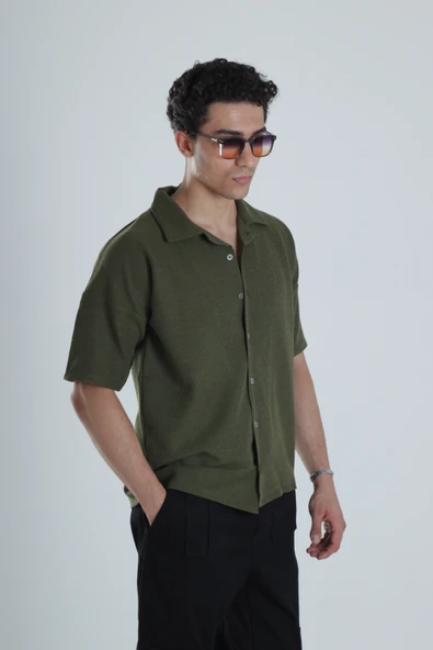 Erkek Haki Gofre Gömlek COC1153 - Resim 3