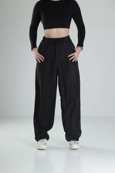 Aerobin Keten Kumaş Siyah Baggy Pantolon COC1881 ürün görseli 1